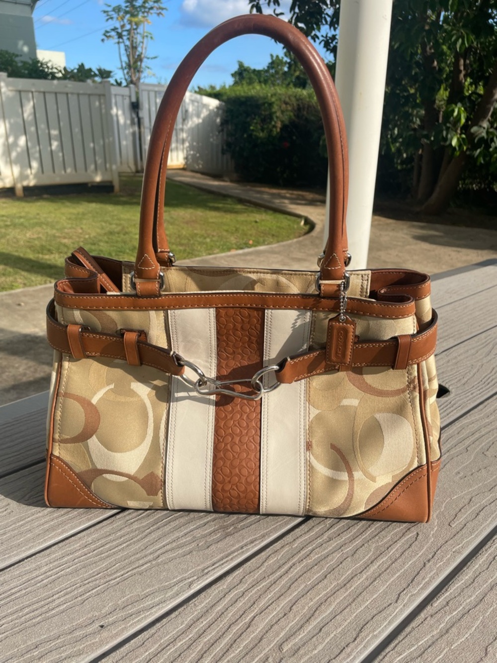 Coach Beige and Brown Signature Satchel with Leather Trim